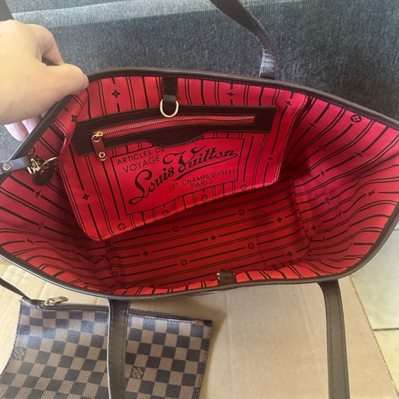 Designer Inspired Checkered Brown Tote Bag - Picture 2 of 3